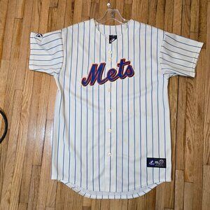 Vintage Buttonup IVORY Pinstripe Majestic 90s New York Mets Jersey YOUTH L/XL